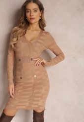 Beżowa Sukienka Dzianinowa z Napami Cits. Brązowe sukienki damskie Renee, bez wzorów, z dzianiny, bez ramiączek. W wyprzedaży za 71.99 zł.