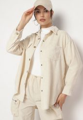 Jasnobeżowa Koszula ze Sztruksowej Tkaniny Nevellorae. Brązowe koszule damskie Born2be, xl, bez wzorów, ze sztruksu, bez kołnierzyka, bez ramiączek. Za 49.99 zł.