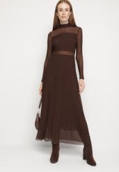 Brązowa Siateczkowa Sukienka Rozkloszowana Longsleeve z Domieszką Wiskozy Eprela. Brązowe sukienki damskie Born2be, bez wzorów, z wiskozy, klasyczne, bez ramiączek. Za 159.99 zł.