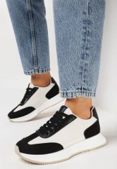 Biało-Czarne Sznurowane Sneakersy z Ozdobnymi Przeszyciami na Grubej Podeszwie Celula. Białe obuwie sportowe damskie Born2be, na jesień, bez zapięcia. Za 89.99 zł.