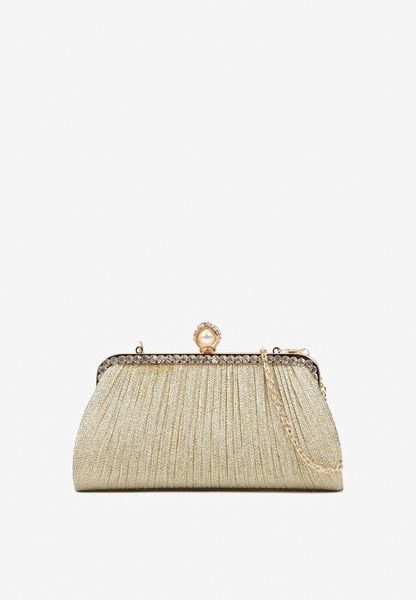 Złota Torebka Kopertówka Ozdobiona Perełką i Cyrkoniami Minisme. Żółte torebki klasyczne damskie Renee, na ramię, małe, bez dodatków. Za 49.99 zł.