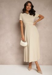 Beżowa Sukienka o Rozkloszowanym Kroju z Ozdobnym Paskiem Desiliena. Brązowe sukienki damskie Renee, bez wzorów, z denimu, eleganckie, bez ramiączek. W wyprzedaży za 91.99 zł.