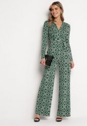 Zielony Wzorzysty Kombinezon z Długim Rękawem i Szerokimi Spodniami z Wiązaniem w Pasie Vilati. Zielone sukienki damskie Born2be, bez wzorów, eleganckie, bez ramiączek. W wyprzedaży za 135.99 zł.