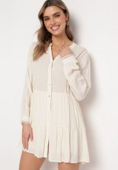 Jasnobeżowa Koszulowa Sukienka w Stylu Boho z Rozkloszowanym Dołem Liorda. Brązowe sukienki damskie Born2be, bez wzorów, boho, bez ramiączek. Za 129.99 zł.