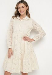 Beżowa Bawełniana Sukienka Ozdobiona Haftem Folira. Brązowe sukienki damskie Born2be, bez wzorów, z bawełny, eleganckie, bez ramiączek. W wyprzedaży za 110.49 zł.