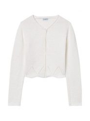 Mayoral Kardigan 6354 Biały Regular Fit. Białe swetry dziewczęce Mayoral, bez wzorów, z syntetyku, bez kołnierzyka, bez ramiączek. Za 149.99 zł.