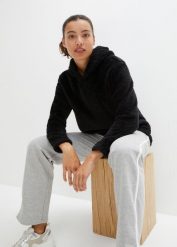 Miękka długa bluza z polaru, oversized. Czarne bluzy damskie bonprix, bez wzorów, z polaru, bez kaptura. Za 109.99 zł.