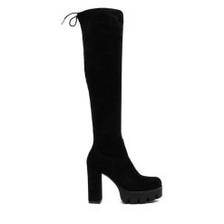 Kozaki DeeZee. Czarne kozaki damskie DeeZee, bez obcasa, na słupku, bez zapięcia. Za 229.99 zł.