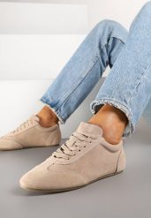 Beżowe Sneakersy Basic ze Skóry Naturalnej Fonariela. Brązowe obuwie sportowe damskie Renee, z jeansu, bez zapięcia. Za 119.99 zł.