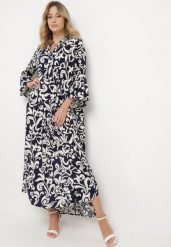 Granatowo-Biała Wiskozowa Sukienka Ozdobiona Ornamentalnym Wzorem Golilena. Niebieskie sukienki damskie Born2be, bez wzorów, z materiału, bez ramiączek. Za 149.99 zł.