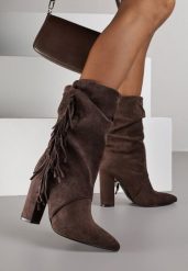 Brązowe Botki w Stylu Kowbojek na Obcasie Ozdobione Frędzlami Reitania. Brązowe botki damskie Born2be, z jeansu, klasyczne, bez obcasa, na obcasie, bez zapięcia. Za 179.99 zł.