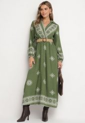Zielona Kopertowa Sukienka z Wiskozą z Paskiem i Gumką w Talii w Etniczny Wzór Zindoria. Zielone sukienki damskie Born2be, bez wzorów, z wiskozy, eleganckie, bez ramiączek. W wyprzedaży za 110.49 zł.