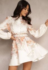Beżowa Sukienka o Rozkloszowanym Kroju z Paskiem w Kwiaty Melvivis. Brązowe sukienki damskie Renee, bez wzorów, eleganckie, bez ramiączek. W wyprzedaży za 183.99 zł.