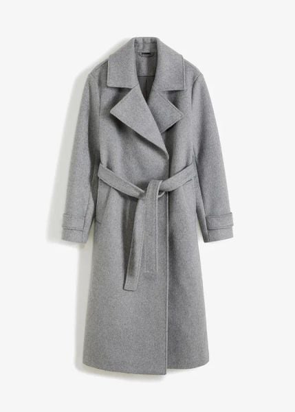 Płaszcz z materiału w optyce wełny. Szare płaszcze damskie bonprix, bez wzorów, z wełny, bez kaptura. Za 349.99 zł.