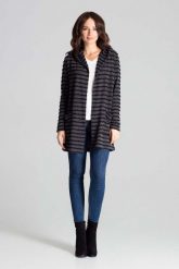 Czarny Niezapinany Sweter w Paski z Kapturem. Czarne kardigany damskie Katrus, l, bez wzorów, z elastanu. Za 219.00 zł.