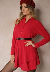 Czerwona Koszulowa Sukienka o Asymetrycznym Rozkloszowanym Kroju z Gumką w Talii Eloriana. Czerwone sukienki damskie Renee, bez wzorów, eleganckie, bez ramiączek. W wyprzedaży za 63.99 zł.