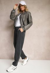 Ciemnoszare Spodnie z Bawełny High Waist Galili. Szare spodnie materiałowe damskie Renee, bez wzorów, z bawełny. Za 119.99 zł.