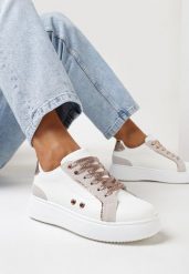 Biało-Złote Sneakersy przed Kostkę na Grubej Podeszwie z Metalicznymi Wstawkami Aglimria. Białe obuwie sportowe damskie Born2be, przed kostkę, bez zapięcia. Za 89.99 zł.