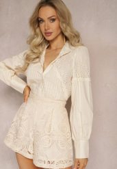 Beżowa Bawełniana Koszula w Stylu Retro ze Stójką Ozdobiona Ażurowymi Wstawkami Hesllema. Brązowe koszule damskie Renee, l, w ażurowe wzory, z bawełny, eleganckie, bez kołnierzyka, bez ramiączek. Za 99.99 zł.