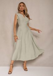 Zielona Rozkloszowana Sukienka z Wiskozy Lirune. Zielone sukienki damskie Renee, bez wzorów, z wiskozy, eleganckie, bez ramiączek. W wyprzedaży za 107.99 zł.