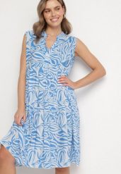 Niebieska Bawełniana Rozkloszowana Sukienka z Geometrycznym Wzorem Annivaria. Niebieskie sukienki damskie Born2be, bez wzorów, z bawełny, eleganckie, bez ramiączek. Za 79.99 zł.
