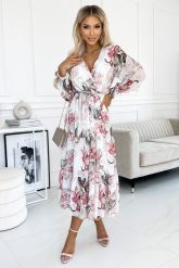Midi Sukienka w Kwiaty z Kopertowym Dekoltem - Biała w Kwiaty. Białe sukienki damskie NUMOCO, bez wzorów, z materiału, wizytowe, bez ramiączek. Za 229.90 zł.