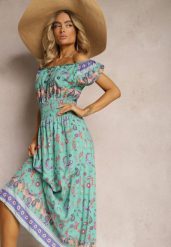 Zielona Letnia Sukienka z Bawełny o Fasonie Hiszpanki z Gumką w Pasie i Wzorem Paisley Delsina. Zielone sukienki damskie Renee, z aplikacjami, z bawełny, boho, bez ramiączek. W wyprzedaży za 43.99 zł.