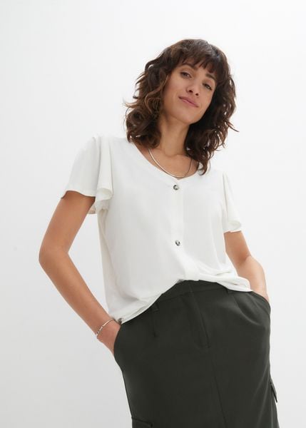 Koszulka z plisą guzikową. Białe bluzki damskie bonprix, bez wzorów, eleganckie, bez kołnierzyka, bez ramiączek. Za 67.99 zł.