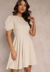 Beżowa Sukienka Taliowana z Krótkimi Bufiastymii Rękawami Ashika. Brązowe sukienki damskie Renee, bez wzorów, bez ramiączek. Za 149.99 zł.