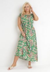 Zielona Rozkloszowana Sukienka Hiszpanka Maxi z Gumkami w Pasie z Bawełny Briyenn. Zielone sukienki damskie Born2be, bez wzorów, z bawełny, bez ramiączek. Za 99.99 zł.