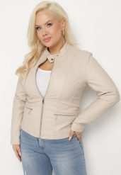 Beżowa Kurtka Ramoneska Ozdobiona Paskiem pod Szyją Milvezia. Brązowe kurtki damskie Born2be, xl, z aplikacjami, z jeansu, bez kaptura. Za 149.99 zł.