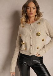 Beżowy Kardigan z Dodatkiem Wełny na Guziki z Kwiatami 3D Zemisya. Brązowe kardigany damskie Renee, m, bez wzorów, z wełny. Za 159.99 zł.