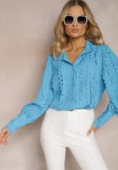 Niebieska Ażurowa Koszula z Elegancką Stójką Manuella. Niebieskie koszule damskie Renee, l, z aplikacjami, eleganckie, bez kołnierzyka, bez ramiączek. Za 59.99 zł.