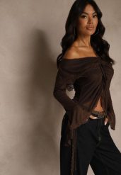 Brązowa Bluzka Off Shoulder z Falbankami z Siateczki z Bawełny i Wiskozy Fenisella. Brązowe bluzki damskie Renee, l, bez wzorów, z bawełny, eleganckie, bez kołnierzyka, bez ramiączek. Za 89.99 zł.