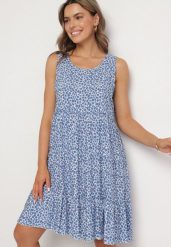 Niebieska Bawełniana Sukienka Bez Rękawów w Kolorowe Plamki Nattelle. Niebieskie sukienki damskie Born2be, bez wzorów, z bawełny, eleganckie, bez ramiączek. Za 69.99 zł.