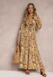 Jasnobeżowa Sukienka Maxi z Kołnierzykiem i Plecionym Paskiem Pertitus. Brązowe sukienki damskie Renee, z aplikacjami, eleganckie, bez ramiączek. W wyprzedaży za 127.99 zł.