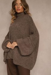 Jasnobrązowy Golf Oversize z Wełną z Opadającą Linią Ramion Lilirea. Brązowe golfy damskie Renee, bez wzorów, z jeansu, bez ramiączek. Za 169.99 zł.