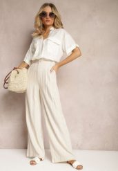 Beżowe Szerokie Spodnie High Waist z Lnu i Wiskozy Apoises. Brązowe spodnie materiałowe damskie Renee, bez wzorów, z jeansu, długie. Za 79.99 zł.