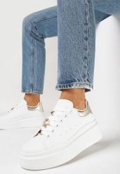 Biało-Złote Sneakersy na Platformie Ariadi. Białe obuwie sportowe damskie Born2be, bez zapięcia. Za 59.99 zł.