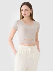 4F T-shirt crop top gładki damski - beżowy XS. Brązowe t-shirty damskie 4F, xs, bez wzorów, z bawełny, bez kołnierzyka. W wyprzedaży za 19.99 zł.