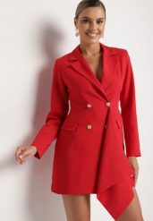 Czerwona Taliowana Sukienka o Kroju Marynarki z Mini Trenem Besista. Czerwone sukienki damskie Born2be, z aplikacjami, eleganckie, bez ramiączek. W wyprzedaży za 118.99 zł.