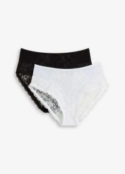Figi z wysokim stanem z delikatną koronką (2 pary). Brązowe figi bonprix, bez wzorów, z koronki. Za 67.99 zł.