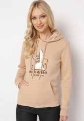 Beżowa Bluza Dzianinowa z Kapturem i Nadrukiem Jubida. Brązowe bluzy damskie Born2be, l, z aplikacjami, z dzianiny, z kapturem. Za 84.99 zł.