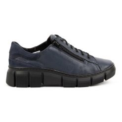 WASAK Półbuty damskie sneakersy skórzane 0663W granatowe niebieskie. Niebieskie półbuty damskie na jesień, bez wzorów, z polaru, bez obcasa, bez zapięcia. Za 423.31 zł.