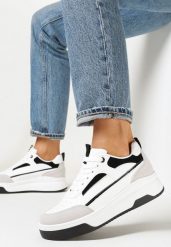 Biało-Czarne Sneakersy na Grubej Podeszwie Nadin. Białe obuwie sportowe damskie Born2be, ze skóry, przed kostkę, bez zapięcia. Za 99.99 zł.