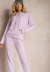 Fioletowy Klasyczny Komplet Dresowy z Bluzą Kangurką i Spodniami Typu Jogger Salevia. Fioletowe bluzy damskie Renee, m, bez wzorów, z dresówki, bez kaptura. Za 74.99 zł.