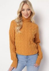 Brązowy Sweter z Golfem w Warkoczowy Splot ze Ściągaczami Maraiwai. Brązowe golfy damskie Born2be, na jesień, ze splotem, bez kołnierzyka. Za 109.99 zł.