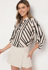Beżowa Koszula z Bawełną i Geometrycznym Wzorem Tiarine. Brązowe koszule damskie Born2be, xl, bez wzorów, z bawełny, klasyczne, bez kołnierzyka, bez ramiączek. Za 49.99 zł.