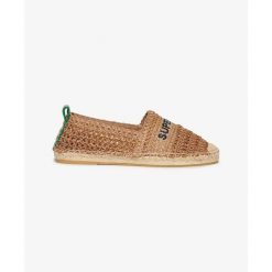 Sandały espadryle z haftowanego rafii dla kobiet Superdry. Brązowe sandały damskie Superdry, bez wzorów, bez obcasa, bez zapięcia. Za 282.75 zł.