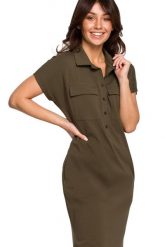 Sukienka koszulowa szmizjerka z kołnierzykiem zielona bawełna. Zielone sukienki damskie Bewear, bez wzorów, z bawełny, biznesowe, bez ramiączek. Za 319.00 zł.